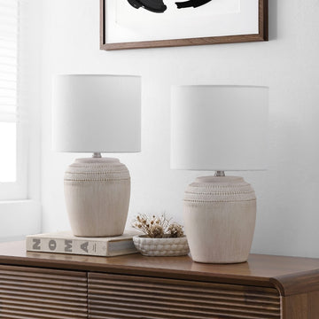 Hugo 16.75" Traditional Rustic Reeded Ceramic Vase LED Table Lamp, Set of 2